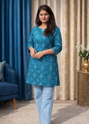 Blue Geometric Print Short Kurti